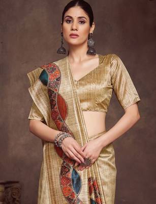 beige woven design tussar saree with unstitched blouse piece 2