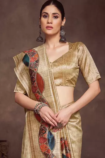beige woven design tussar saree with unstitched blouse piece