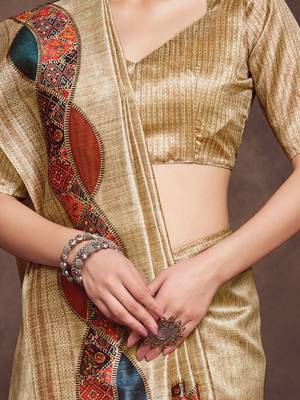 beige woven design tussar saree with unstitched blouse piece 3