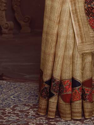 beige woven design tussar saree with unstitched blouse piece 5