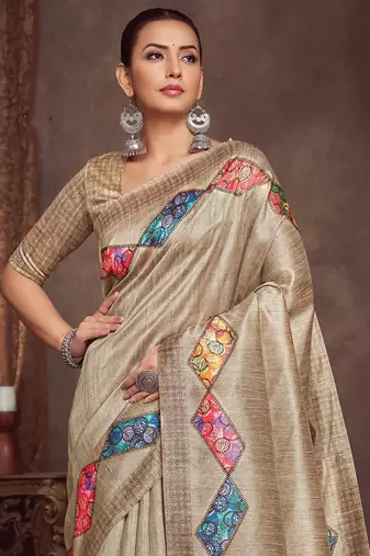 beige bandhani embroidered tussar saree