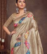 beige bandhani embroidered tussar saree