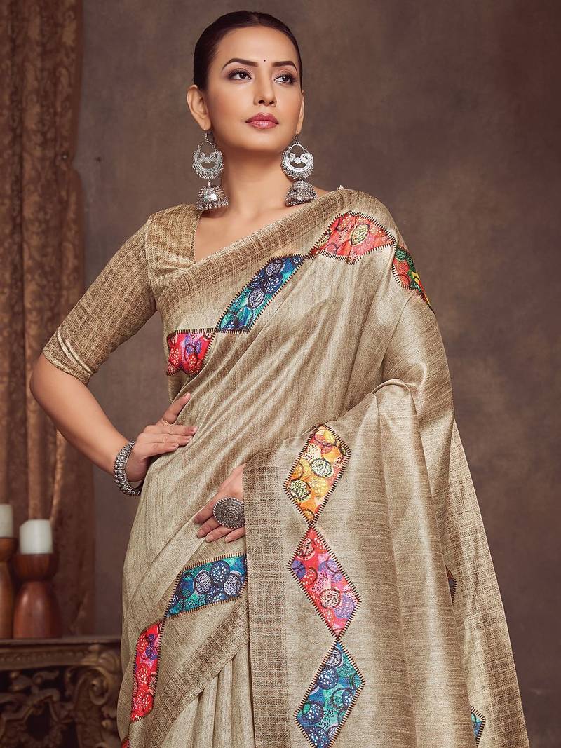 beige bandhani embroidered tussar saree