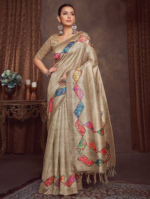 beige bandhani embroidered tussar saree 2