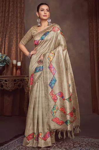 beige bandhani embroidered tussar saree