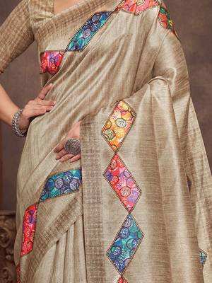 beige bandhani embroidered tussar saree 3