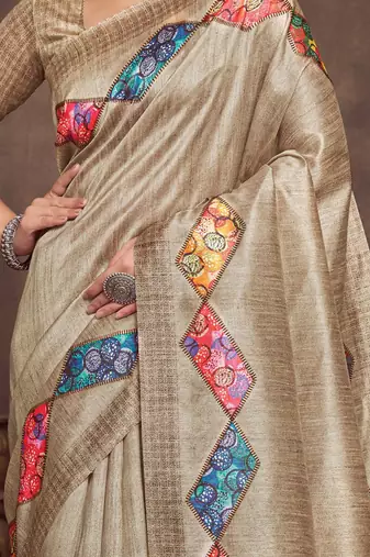 beige bandhani embroidered tussar saree