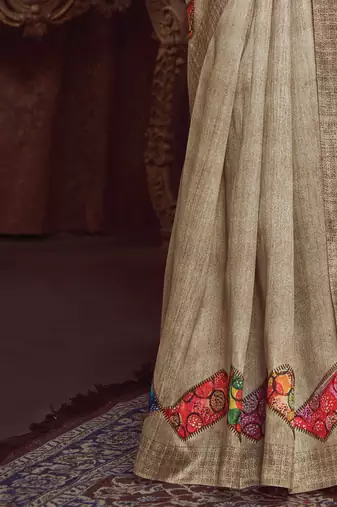 beige bandhani embroidered tussar saree