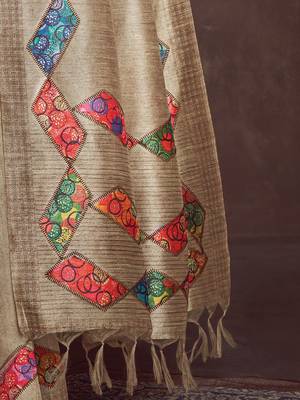 beige bandhani embroidered tussar saree 5