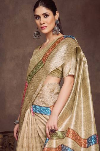 beige bandhani print tussar saree
