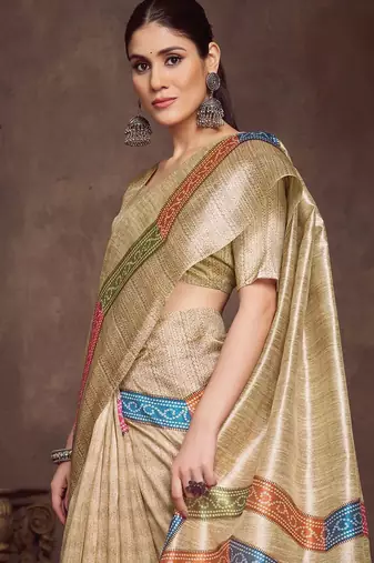 beige bandhani print tussar saree