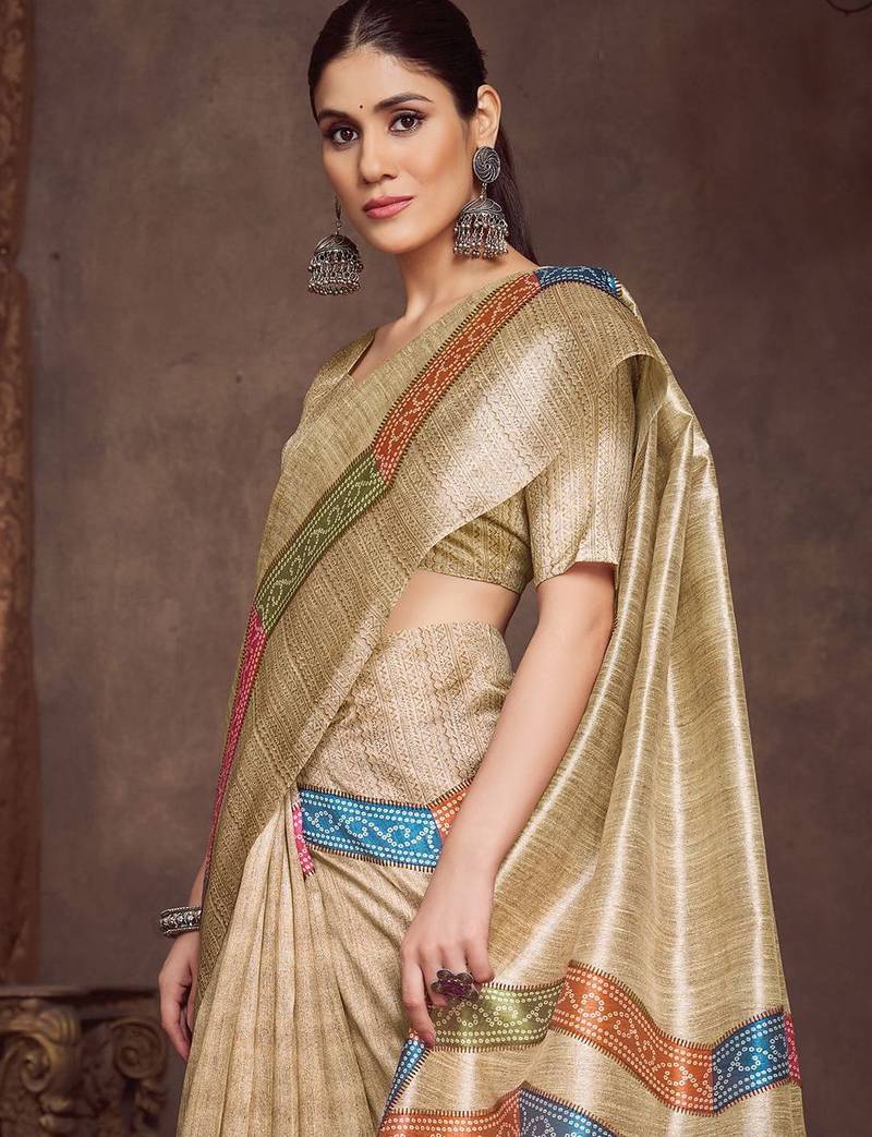 beige bandhani print tussar saree