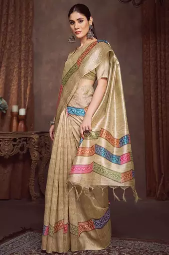 beige bandhani print tussar saree