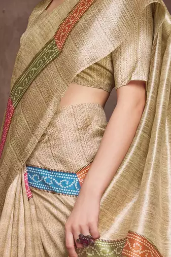 beige bandhani print tussar saree