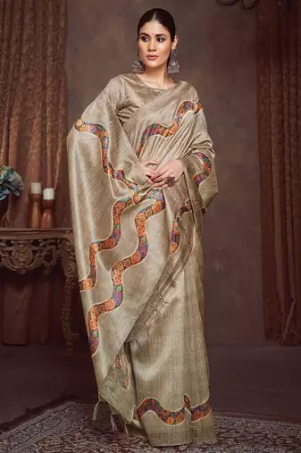 beige embroidered tussar saree