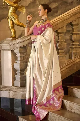 cream ethnic motifs woven design saree