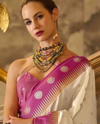 cream ethnic motifs woven design saree 3