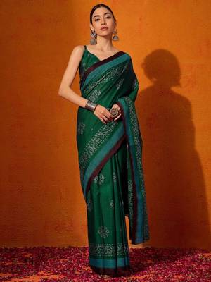 green batik pure cotton bagru saree 1