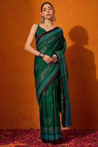 green batik pure cotton bagru saree