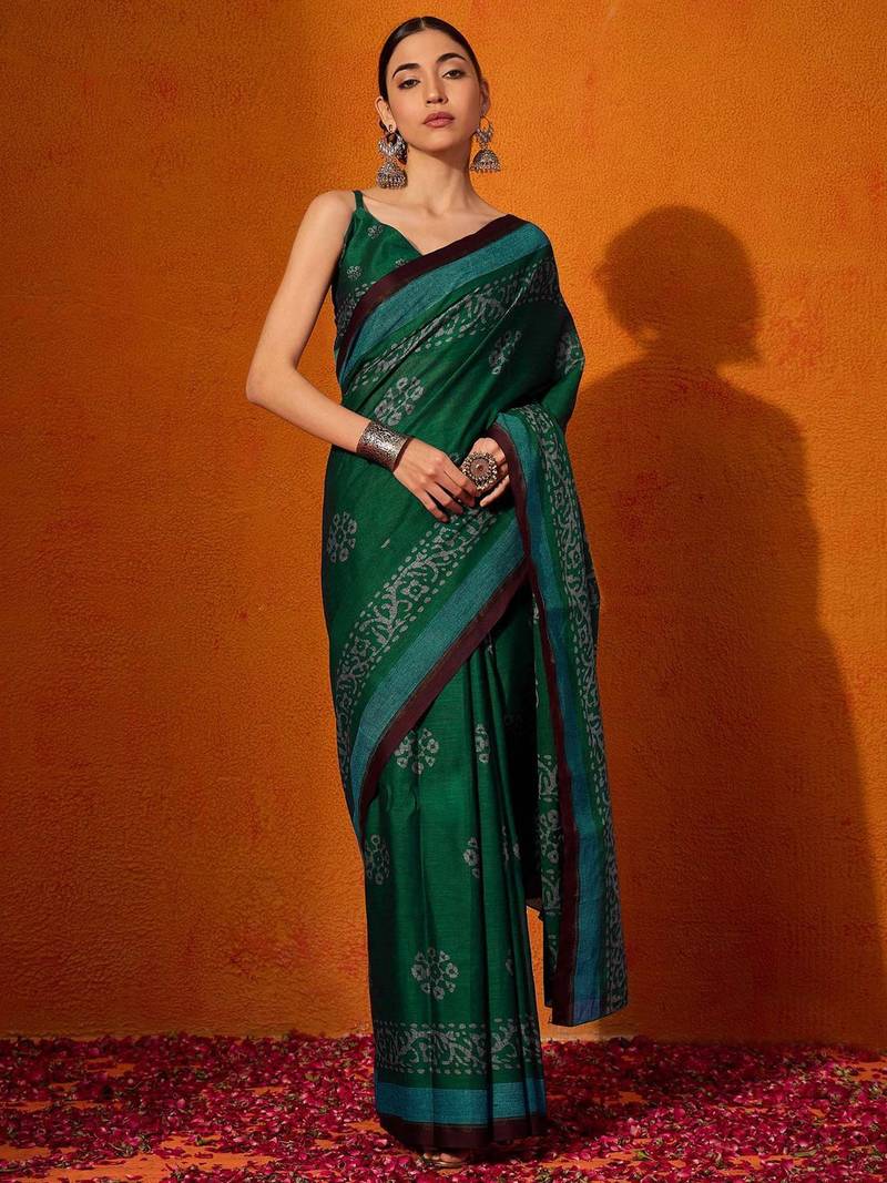 green batik pure cotton bagru saree