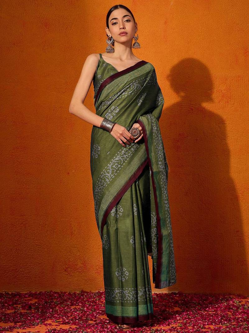 olive batik pure cotton bagru saree