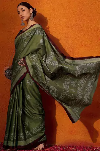 olive batik pure cotton bagru saree
