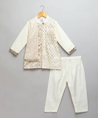 Off white woven cotton kurta set 1