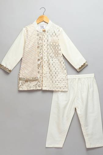 Off white woven cotton kurta set