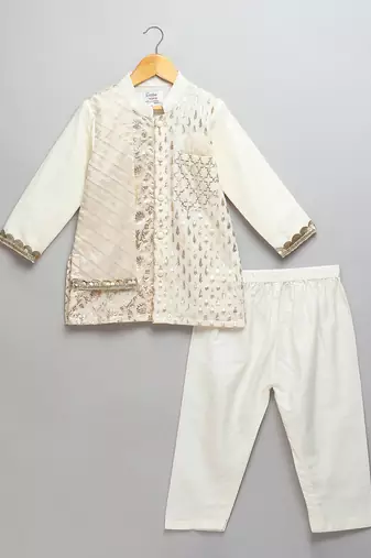 Off white woven cotton kurta set