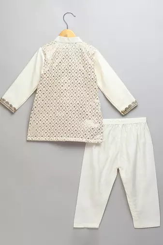 Off white woven cotton kurta set