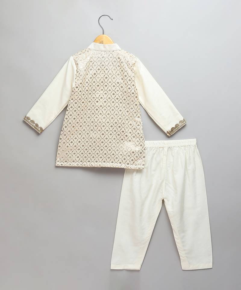 Off white woven cotton kurta set