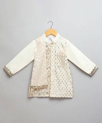 Off white woven cotton kurta set 3