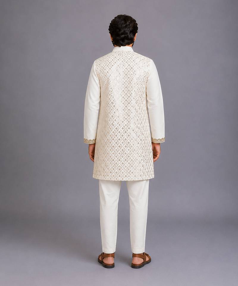 Off white woven cotton kurta set