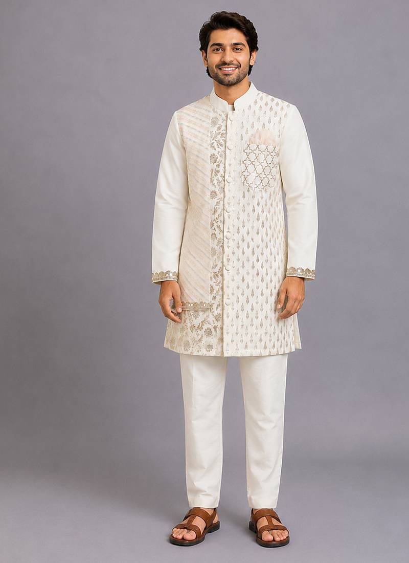 Off white woven cotton kurta set