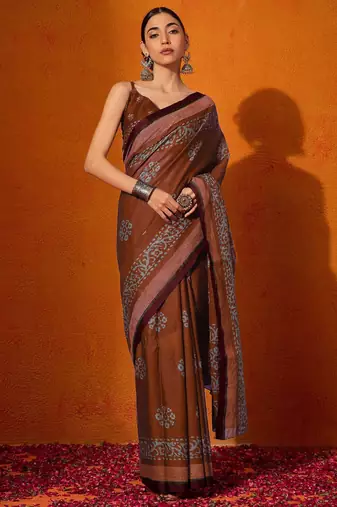 rust batik pure cotton bagru saree