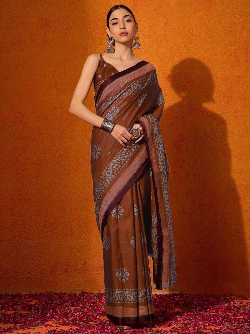 rust batik pure cotton bagru saree