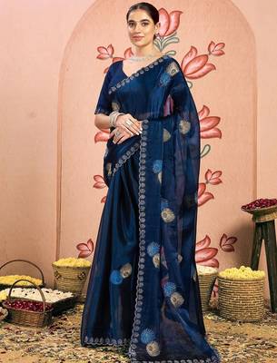 navy_blue embellished beads and stones pure chiffon saree 1