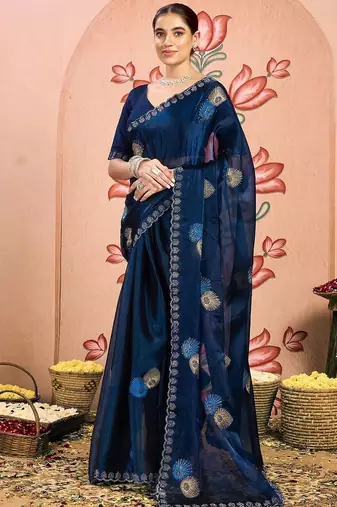 navy_blue embellished beads and stones pure chiffon saree