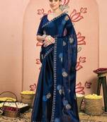 navy_blue embellished beads and stones pure chiffon saree
