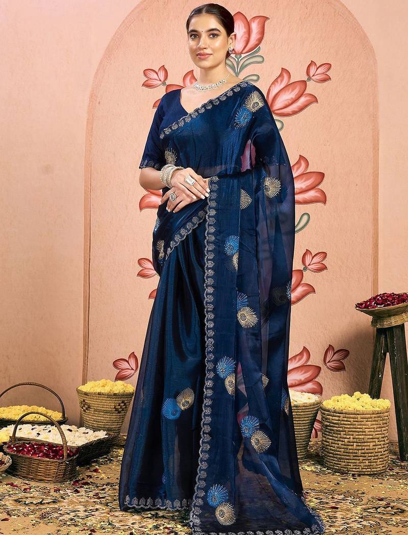 navy_blue embellished beads and stones pure chiffon saree