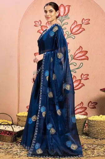 navy_blue embellished beads and stones pure chiffon saree