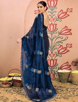 navy_blue embellished beads and stones pure chiffon saree 3