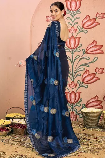 navy_blue embellished beads and stones pure chiffon saree