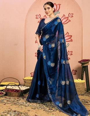 navy_blue embellished beads and stones pure chiffon saree 4