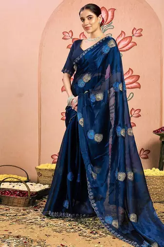 navy_blue embellished beads and stones pure chiffon saree