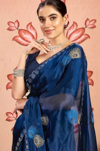navy_blue embellished beads and stones pure chiffon saree