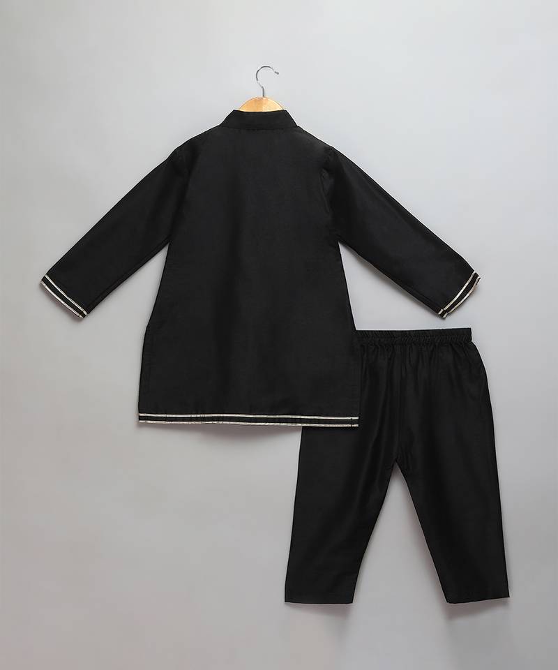 black printed cotton silk kurta set