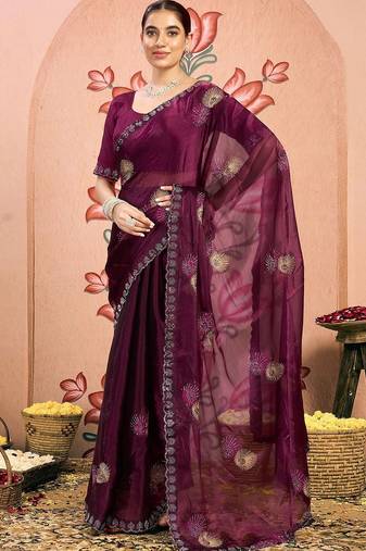 magenta embellished beads and stones pure chiffon designer saree