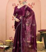 magenta embellished beads and stones pure chiffon designer saree