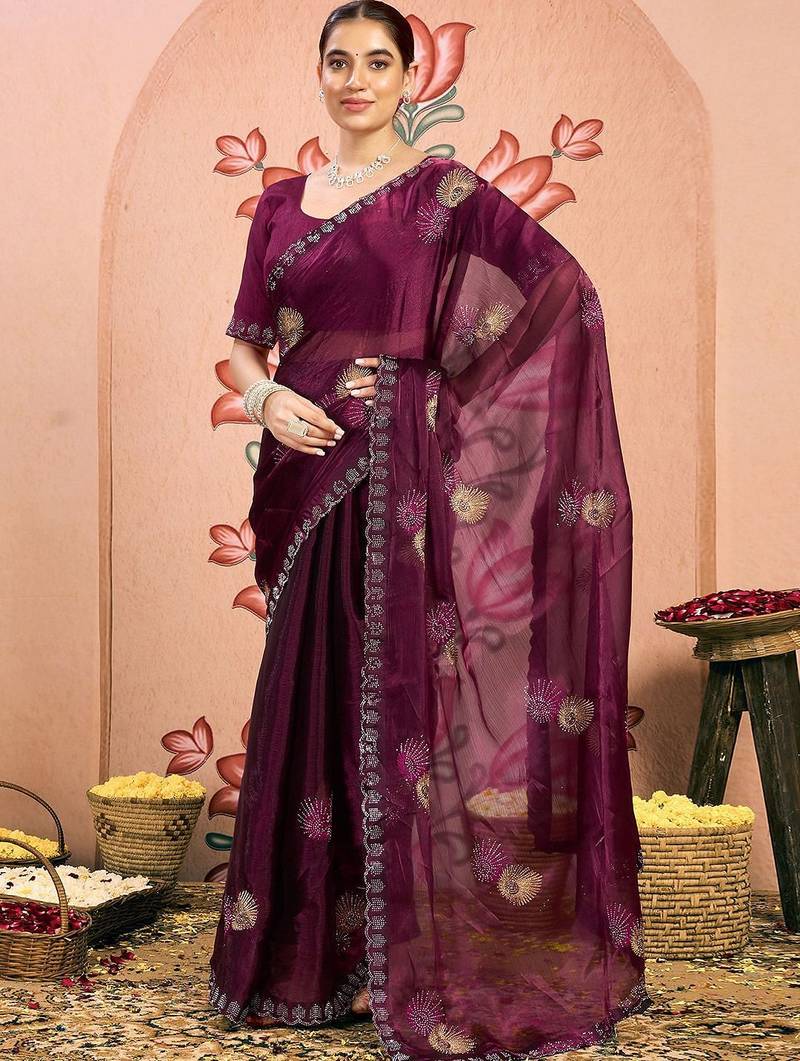 magenta embellished beads and stones pure chiffon designer saree